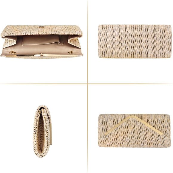 Women's Beige Clutch Purses Sparkling Envelope Evening Bag with Detachable Chain - Picture 8 of 9